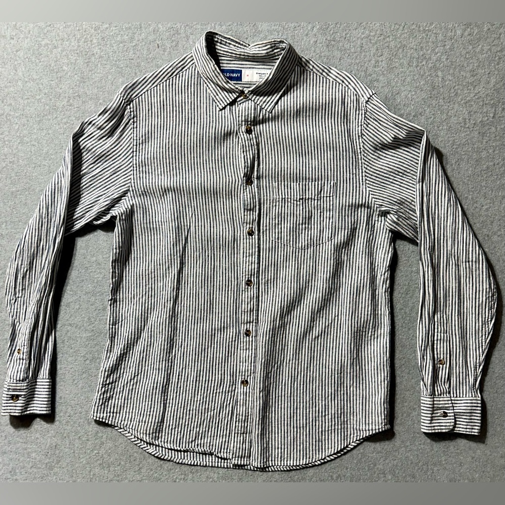 Old Navy Shirt Mens Size Medium Everyday Linen Blend Blue Stripped Long Sleeve